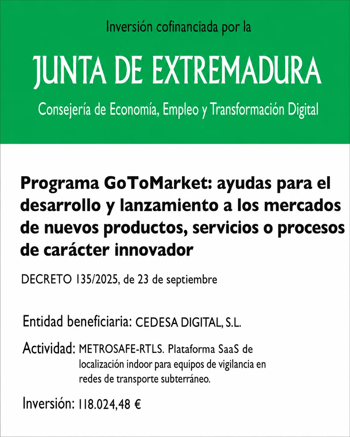 Inversión cofinanciada por la Junta de Extremadura — Programa GoToMarket — CEDESA DIGITAL, S.L.