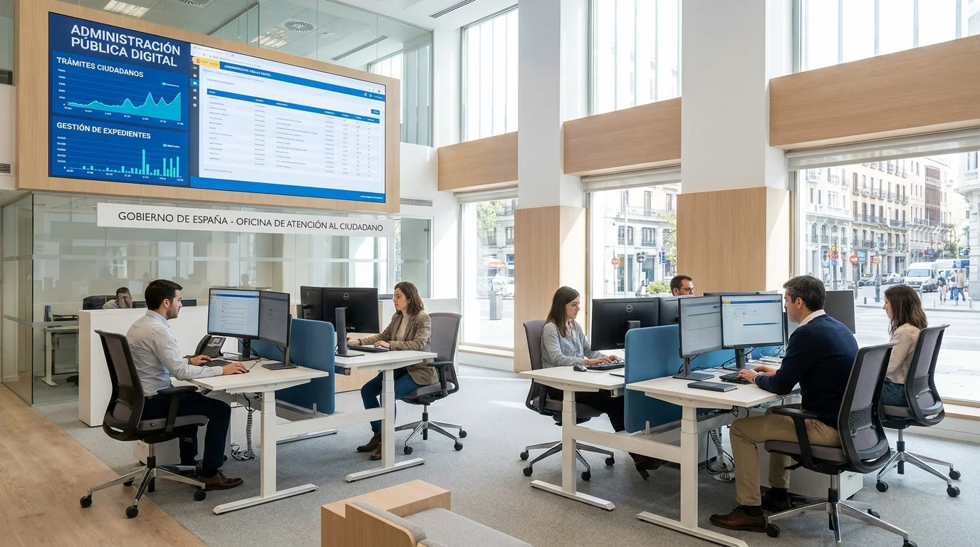 Oficina de administración pública digital con dashboards de gestión